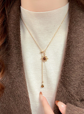 长款太阳花虎眼石吊坠项链女款配饰2026新款毛衣链高级感轻奢小众