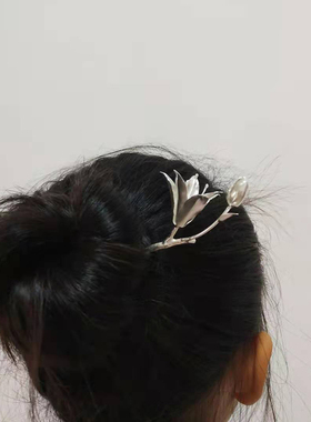 原创手工纯银花朵汉服盘发头饰