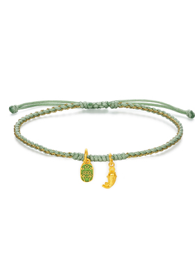 【中国黄金官方店】古法猫爪戏鱼绿绳手绳时尚简约气质新品首饰