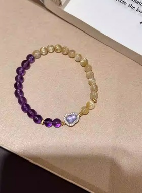 「紫瑞满盈」天然紫水晶金发晶手串女葫芦配饰黄水晶招财手链