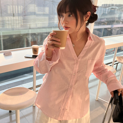 3ts夏季法式粉色亚麻衬衫高级感长袖薄款宽松设计感衬衣 - 图0