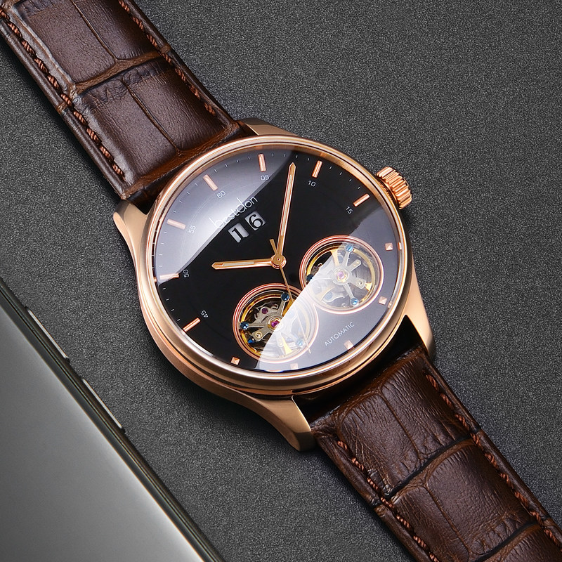 邦顿男士双陀飞轮镂空双历全机械表 邦顿骏钰国产腕表