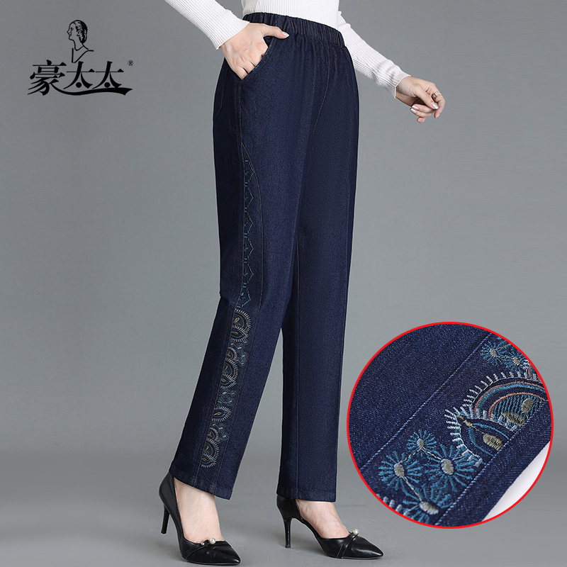 绣花牛仔裤女妈妈裤子2025春季新款中年人女长裤中老年女裤棉质