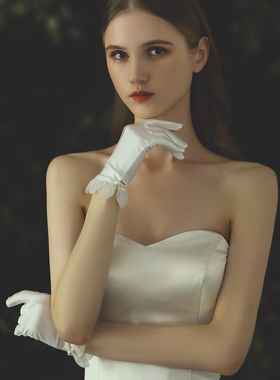 新款白色赫本风新娘花边婚纱手套