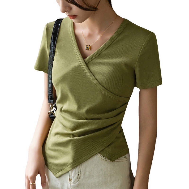 法式交叉V领上衣女夏季2024年新款别致独特设计感莫代尔短袖T恤女-图3