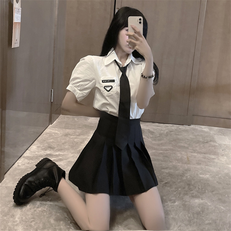 jk制服夏季套装学院风职业短袖白衬衫百褶短裙子黑衬衣学生上衣服