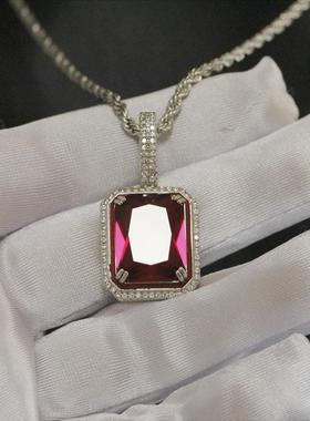 新款夜光红宝石吊坠情侣款5A锆石微镶轻奢高级感实心满钻嘻哈项链