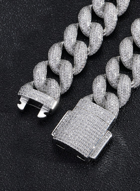 欧美新款超密微镶嘻哈项链18mm加密气泡古巴链弹簧扣锆石说唱项链