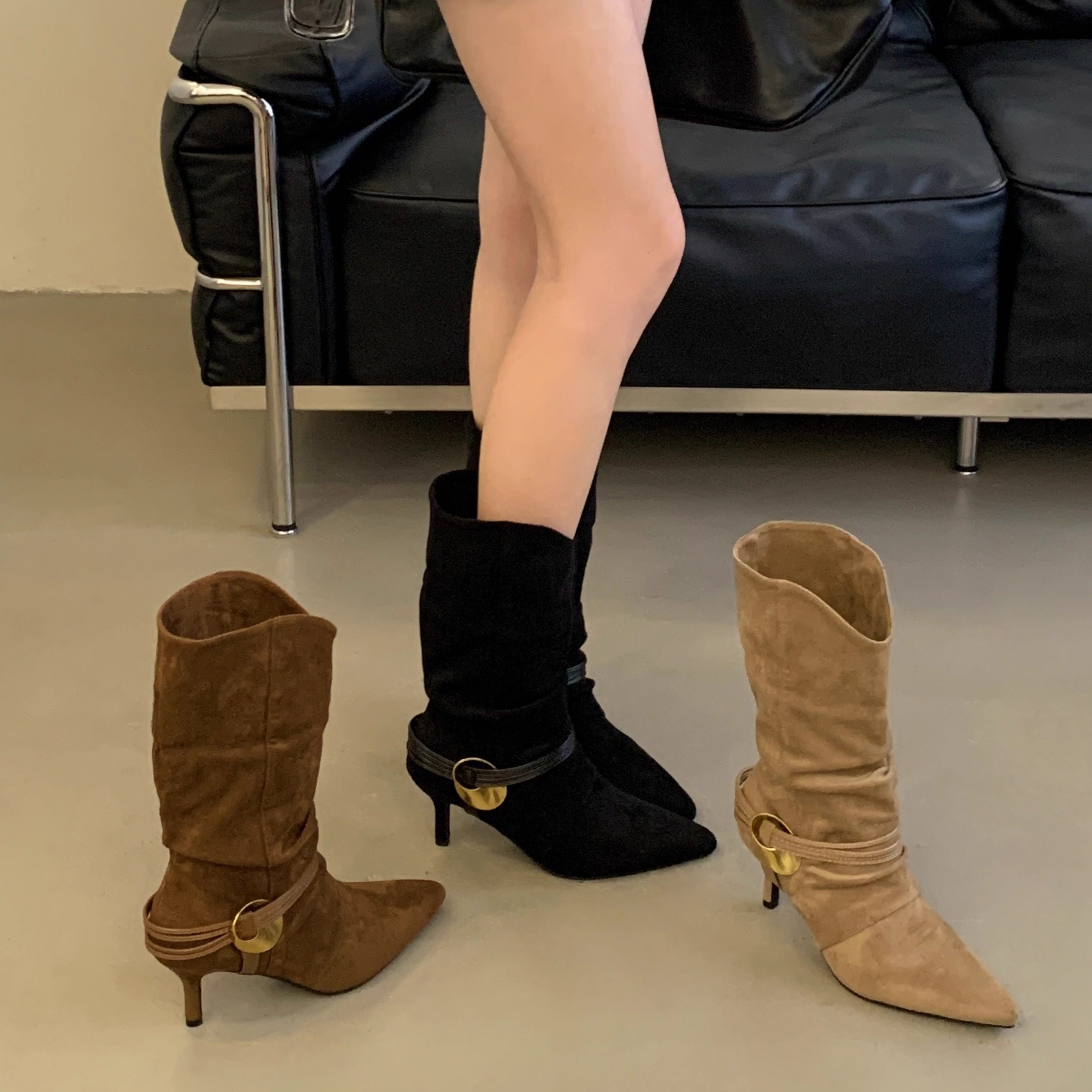 2025秋冬新款瘦瘦靴尖头细跟高跟绒面中筒短靴女绑带骑士时装靴子,淘宝优惠券,粉丝福利购,淘宝优惠卷