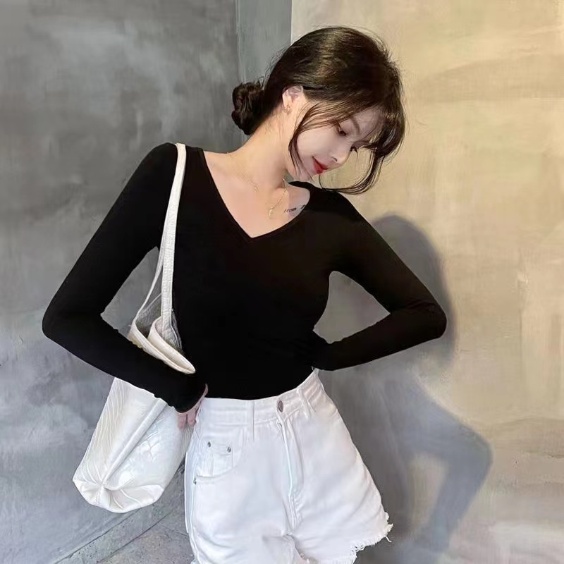 女装新品长袖v领t恤女士白色打底衫黑色秋衣韩版修身薄款春季上衣