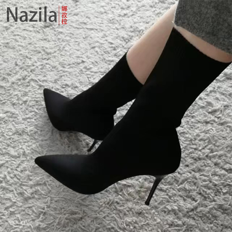 瘦瘦靴高跟鞋女秋冬短靴尖头细跟弹力针织袜靴Stretch Sock Boots