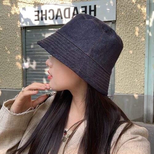 丹宁双面戴/陈奶奶韩系牛仔渔夫帽女遮阳帽防晒盆帽简约休闲帽子 - 图1