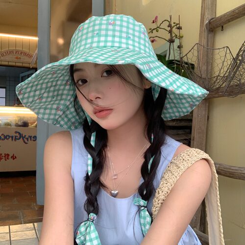 薄荷绿~陈奶奶韩系甜美格子绑带夏清新防晒渔夫帽子大帽檐遮阳帽 - 图2