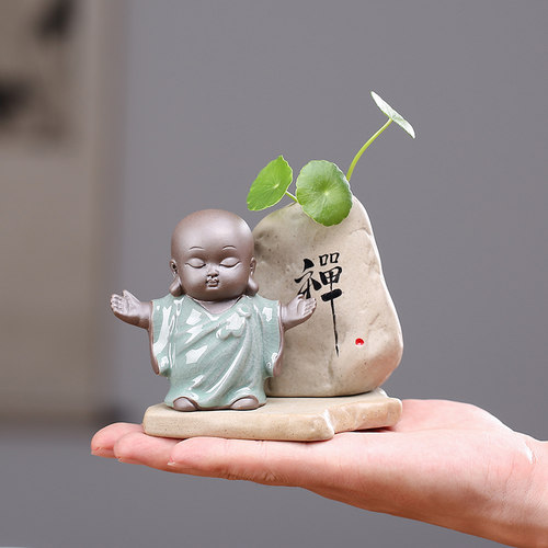 哥窑茶宠 个性 创意 可爱小沙弥摆件禅意小和尚可养家居摆设花盆 - 图0