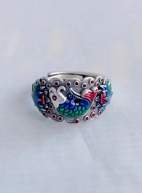 珐琅锦鲤鱼莲花戒指女国潮民族风复古做旧文艺气质烧蓝开口食指环