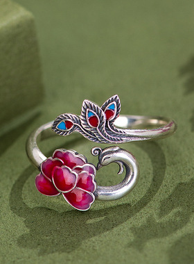 原创设计S925银珐琅凤凰牡丹戒指