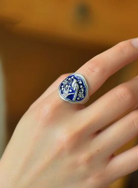 复古烧蓝喜上眉梢鸟语花香戒指女民族风国潮文艺范活口食指环女