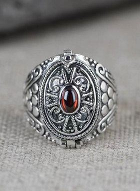 S925纯银复古尼泊尔嘎乌盒戒指男士高级感宽戒闭口蒙古指环首饰