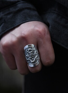 复古龙仿纯银戒指龙图腾潮个性中国风霸气夸张单身戒开口女食指环