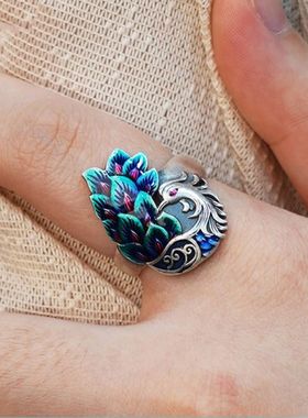 珐琅凤凰戒指女复古做旧烧蓝孔雀开屏简约民族风文艺范开口指环女