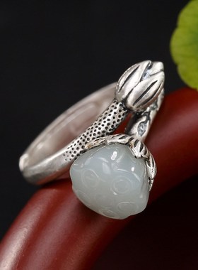 S925纯银莲花和田玉戒指女小众