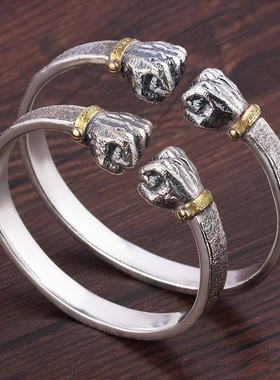 大权在握银手镯男士仿99纯银个性复古实心开口拳头力量霸气银镯子