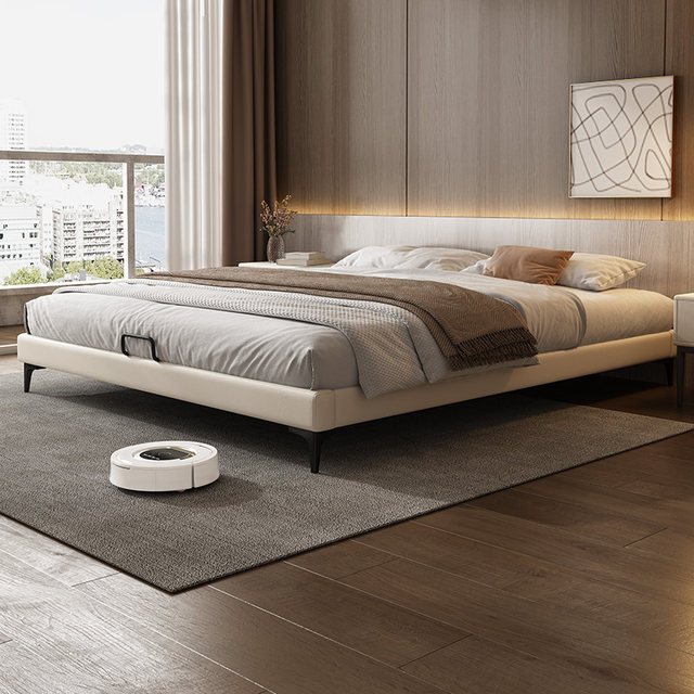 A modern minimalist leather master bedroom king size bed with no headboard, suspended backrests, row frame double bed, 2024 new bed