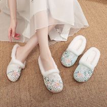 2022 Winter Old Beijing Plus Cotton Female Slippers National Wind Embroidered Embroidered Home Slippers Women Gvet Warm Slippers