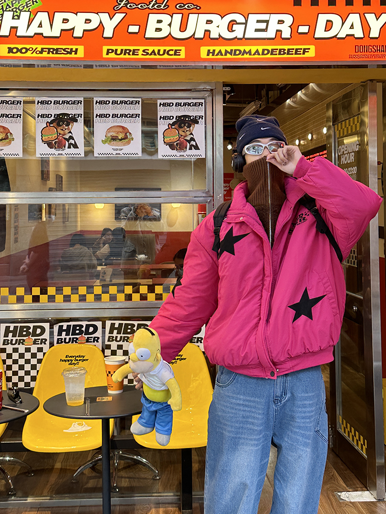 EAHO美式复古秋冬粉红色星星棉服上衣保暖面包服夹克棉衣外套男女-图2