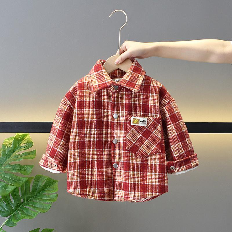 男童加绒衬衫格子外套秋冬季2024新款中小童装帅气宝宝加厚衬衣潮 - 图1