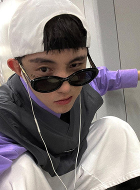 港风复古椭圆凹造型痞帅墨镜ins