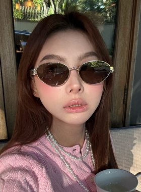 欧美时尚新款金属椭圆框太阳镜女潮方圆脸显瘦港风复古高级感墨镜