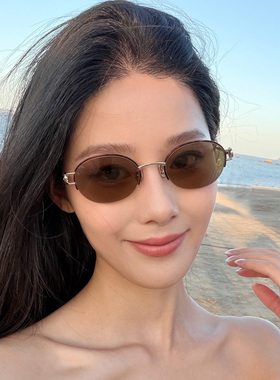 欧美金丝边半框椭圆茶色墨镜女潮老钱风高级感防紫外线时尚太阳镜