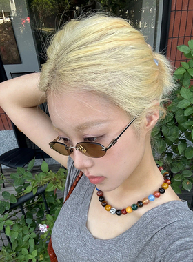 欧美椭圆无框复古墨镜女显脸小中古风辣妹个性茶色太阳镜防紫外线