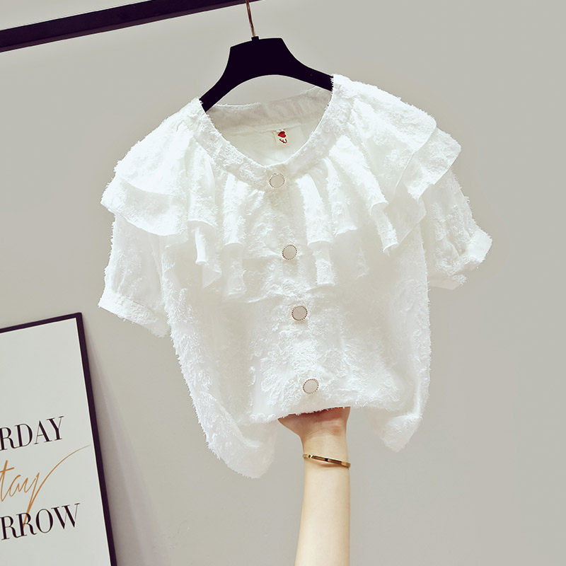 夏季2020年新款雪纺短袖白衬衣小衫 saronala莎欧娜拉蕾丝衫/雪纺衫
