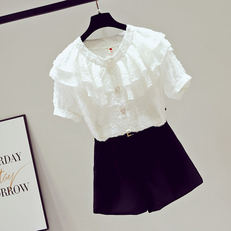 夏季2020年新款雪纺短袖白衬衣小衫 saronala莎欧娜拉蕾丝衫/雪纺衫