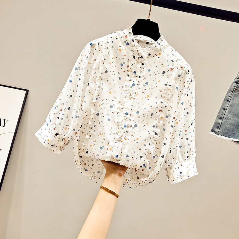 夏季2020年新款雪纺短袖碎花衬衫 saronala莎欧娜拉蕾丝衫/雪纺衫