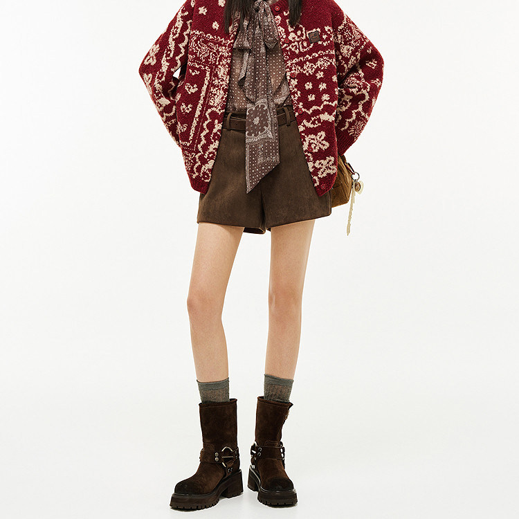 商场同款2026春复古仿麂皮休闲短裤女高腰宽松显瘦直筒裤子配腰带,淘宝优惠券,粉丝福利购,淘宝优惠卷