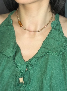 playdate粉棕暖调木珠锁骨链