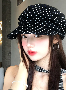 韩系波点褶皱鸭舌贝雷帽女款时尚