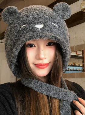 可爱灰色小熊耳朵针织帽子女款冬