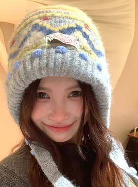 复古费尔岛针织毛线帽女秋冬季