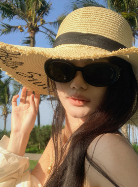 法式字母刺绣毛边草帽女夏季海边