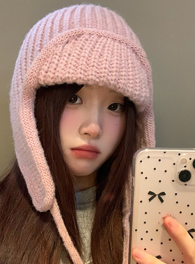 粉色针织毛线帽女2026秋冬飞行帽