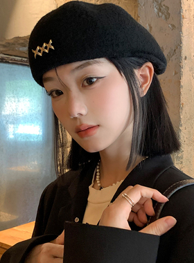 韩系百搭黑色毛呢贝雷帽显脸小