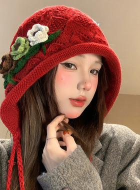 红色花朵流苏针织帽子女秋冬季