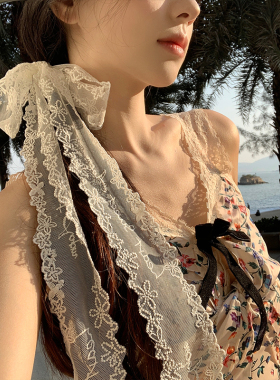 韩系蕾丝蝴蝶结长条丝巾女春夏季