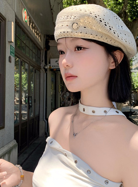 复古镂空纯色薄款透气贝雷帽女夏