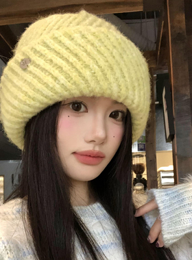 韩系交错条纹黄色针织毛线帽女冬