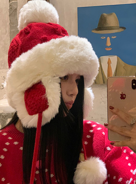红色毛绒雷锋帽女2026年秋冬季